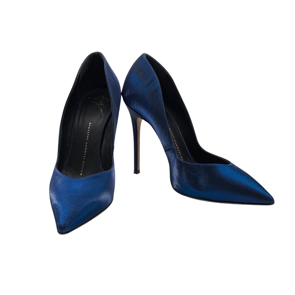Giuseppe Zanotti Metallic Blue Satin Pointed Toe Stiletto Pumps Size 38.5 Italy‎